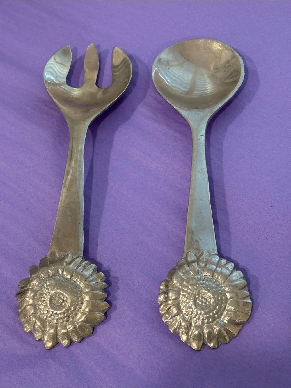 Vintage Mariposa Sunflower Salad Serving Set 1992 Handcrafted Aluminum Mexico